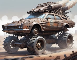 apocalyptic,monster car, steel plates, junk, spikes, rust, sketch, multiple tyres, armored, drawing,DonMS4ndW0rldXL,steampunk style