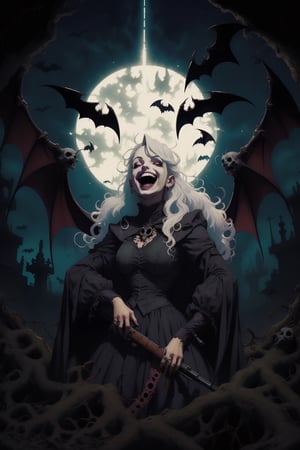 white haired vampire women, extremely well dressed, smoking a cigarette, large rifle on her back, beautiful face, laughing like a maniac, she is summoning a large swarm of bats, graveyard in the background, dark night, 1945 paris, dark setting  ,renaissance,nodf_lora,FFIXBG,Crazy face 