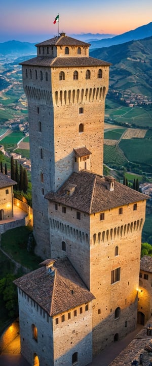 (Documentary photograph:1.3) of a wonderful (medieval castle in Italy:1.4), 14th century, (golden ratio:1.3), (medieval architecture:1.3),(mullioned windows:1.3),(brick wall:1.1), (tower with merlons:1.2), overlooking the valley, blue hour, BREAK shot on Canon EOS 5D, (from above:1.3), Fujicolor Pro film, vignette, highest quality, original shot. BREAK Front view, well-lit, (perfect focus:1.2), award winning, detailed and intricate, masterpiece, itacstl,real_booster,itacstl,