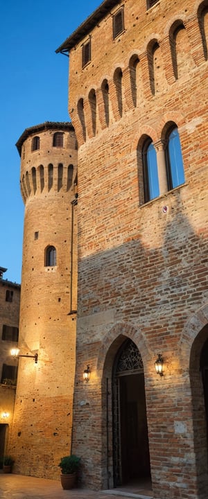 (Documentary photograph:1.3) of a wonderful (medieval castle in Italy:1.4), 14th century, (golden ratio:1.3), (medieval architecture:1.3),(mullioned windows:1.3),(brick wall:1.1), (tower with merlons:1.2), overlooking the plaza, blue hour, BREAK shot on Canon EOS 5D, from below, Fujicolor Pro film, vignette, highest quality, original shot. BREAK Front view, well-lit, (perfect focus:1.2), award winning, detailed and intricate, masterpiece, itacstl,real_booster,itacstl,