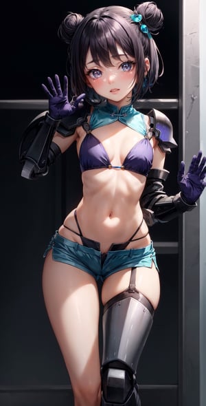 girl, loli, little girl, short hair, black hair, bun, asymmetrical bangs, x hair accessory, small breasts, long eyelashes, beautiful detailed eyes, aqua eyes, looking at viewer, grinning, purple eyes, twinkle Glowing eyes, only cheongsam bikini top, ultra-low waist shorts, leg lifts against the wall, exaggerated mechanical armor gloves, huge robot gloves, sexy attack pose, camel toe,