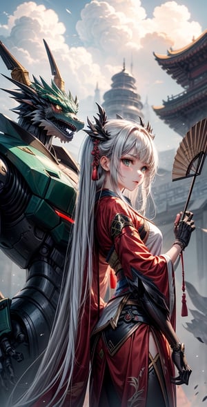 A girl in Hanfu looks at the mechanized Chinese dragon, the mechanized Chinese green dragon, in a place shrouded in clouds and mist, the girl holds a feather fan,wrenchsmechs,non-humanoid robot,mecha,Mecha body,glowing