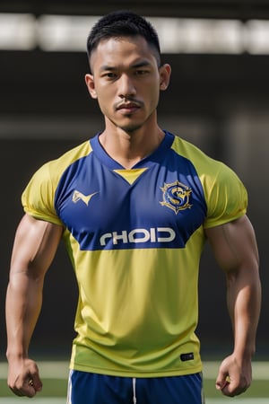realistic,character, syahnk , handsome  male , wearing jersey as muscular football, sports outfit ,Male focus,photorealistic,Sexy Muscular,SYAHNK, ,ghostrider,Muscle,Asian man