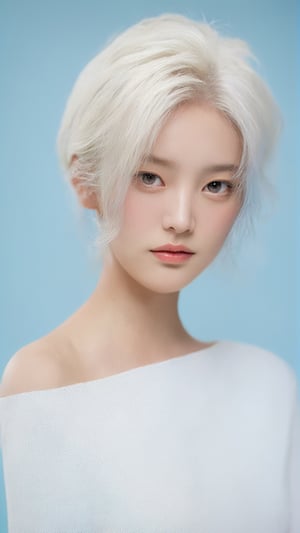 photorealistic of a girl, white hair, blue background, upper body. BREAK, 35mm photograph, professional, shot by Leica M50 f/1.8, 8k, raw,korean girl,xxmixgirl