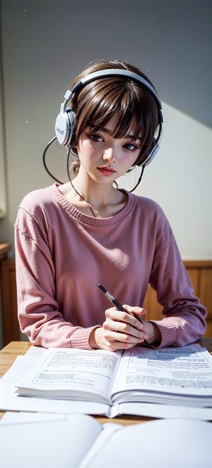 alone, girl, study in room, snowing outside, in bedrrom, cozy, cat laying beside, girl writing and study, listen to headphone,Rayearth, wearing sweater. bright color, eropean room