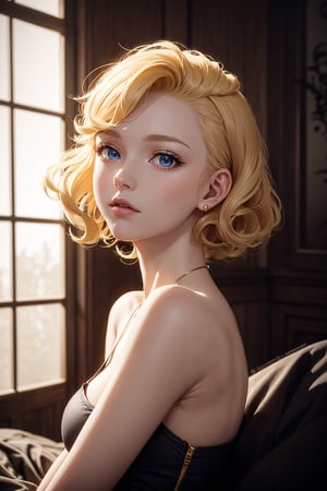 (masterpiece), science fiction, scenery,a 20 yo woman, blonde, (hi-top fade:1.3), (gold eyes, makeup), curly_hair, dark theme, soothing tones, muted colors, high contrast, (natural skin texture, hyperrealism, soft light, sharp), bangs, Lying on the bed,,chinatsumura,girl,halloweentech ,renaissance,HellAI,LinkGirl,blue eyes,realhands