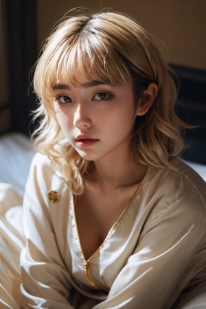 (masterpiece), science fiction, scenery,a 20 yo woman, blonde, (hi-top fade:1.3), (gold eyes, makeup), curly_hair, dark theme, soothing tones, muted colors, high contrast, (natural skin texture, hyperrealism, soft light, sharp), bangs, Lying on the bed,,chinatsumura,girl,halloweentech ,renaissance,HellAI,LinkGirl