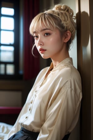 (masterpiece), science fiction, scenery,a 20 yo woman, blonde, (hi-top fade:1.3), (gold eyes, makeup), curly_hair, dark theme, soothing tones, muted colors, high contrast, (natural skin texture, hyperrealism, soft light, sharp), bangs, Lying on the bed,,chinatsumura,girl,halloweentech ,renaissance,HellAI,LinkGirl