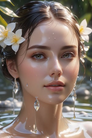 Close up glass sculpture of a very beautiful woman bathing in a river,

very beautiful face,

drops of water on his face,

very defined,

photorealism,

high resolution,

Very detailed,

translucent,

transparent,

atmosphere of great tranquility and peace

reflections. cg society masterpiece,

flowers everywhere,

art station trends,

by rossdraws,

ghibli,


greg rutkowski