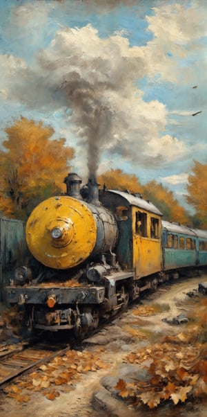 painting, martius storm old train abandoned in a subway in ruins, dry leaves, dust[style by vincent van gogh and leonardo da vinci]
