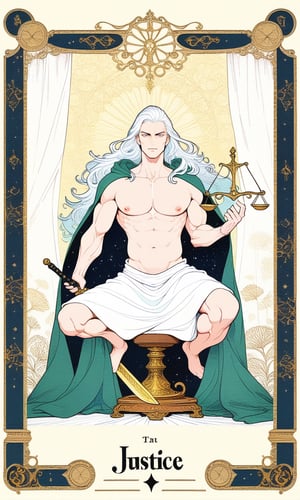 1 man, platinum long hair, (holding a Balance scales), a sword, green cloak, white long skirt, huge-muscles, large pectorals, nipples, sitting in the judgment seat, court, topless, (show chest), muscles, full body, fractal art, (tarot card design), botanical illustration, classic, elegant flourishes, lofi art style, retro, black and white curtain in background, (text that says "JUSTICE"at bottom), best quality, masterpiece, extremely detailed, intricate details,  