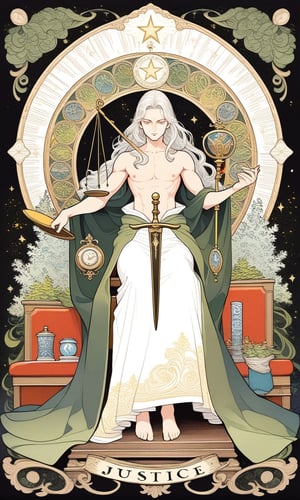 1 man, platinum long hair, (holding a Balance scales), a sword at feet side, green cloak, white long skirt, sitting in the judgment seat, court, (show chest), muscles, pectorals, nipples, full body, fractal art, (tarot card design), botanical illustration, classic, elegant flourishes, lofi art style, retro, [(text that says "JUSTICE" at bottom)], best quality, masterpiece, extremely detailed, intricate details,  