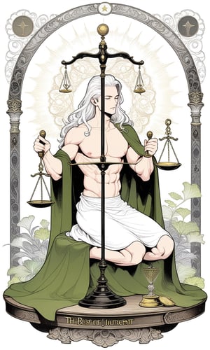 1 man, platinum long hair, (huge Balance scale over head), (holding a Balance scales), holding a sword, green cloak, white long skirt, eyes closed, huge-muscles, large pectorals, nipples, sitting in the judgment seat, court, topless, (show chest), muscles, full body, fractal art, (tarot card design), botanical illustration, classic, elegant flourishes, lofi art style, retro, black and white curtain in background, (text that says "JUSTICE"at bottom), best quality, masterpiece, extremely detailed, intricate details,  