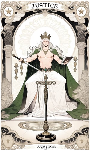 1 man, platinum long hair, (holding a Balance scales), a sword, green cloak, white long skirt, huge-muscles, large pectorals, nipples, sitting in the judgment seat, court, topless, (show chest), muscles, full body, fractal art, (tarot card design), botanical illustration, classic, elegant flourishes, lofi art style, retro, black and white curtain in background, (text that says "JUSTICE"at bottom), best quality, masterpiece, extremely detailed, intricate details,  