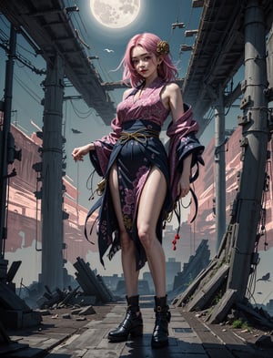 masterpiece, best quality, ultra realistic illustration, 16K, (HDR), high resolution, female_solo, (side-standing with lags apart) ,(looking at the viewer), smiling , (pink hair) , (1 sexy Japanese Oiran with a perfect slender hot body+nine-head proportion:1.0), ((showing beautiful long legs)) , (wearing a highly detailed traditional patterned sleeveless kimono with a golden Japanese family crest, kimono colored by red+black+purple:1.1) , (detailed decorated kimono obi with tassels:1.0) , (white short socks+wooden corgs:1.0) , (highly detailed background of ancient Japanese achitechture+cyberpunk buildings with neon lights:1.0), (1 full moon in the dark night:1.0), (full-body portrait) Cyberpunk,A Traditional Japanese Art, Sexy Pose, cyberpunk style, Color magic, High detailed ,Styles Pose,Enhance