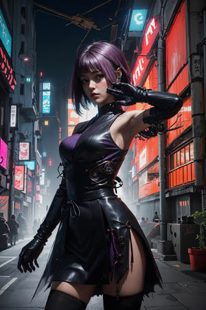 masterpiece, best quality, ultra realistic illustration, 16K, (HDR), high resolution,  female_solo ,(pink bob cut short hair:1.2), (1 sexy kunoichi with perfect slender hot body proportion:1.0), (highly detailed traditional sleeveless kimono shinobi costume:1.0) , (detailed kimono obi with tassels and decoration:1.0) , (black stockings) ,(corgs) , red pupils, ((highly detailed background of ancient Japanese achitechture+cyberpunk buildings with neon lights:1.2)), (purple front tense light), (pink sidelight), (blue backlighting), (in the dark night:1.0), Cyberpunk,xjrex,C7b3rp0nkStyle,A Traditional Japanese Art,Sexy Pose,perfect,hand, cyberpunk style, Color magic, High detailed 