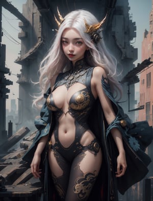 masterpiece, best quality, ultra realistic illustration, 16K, (HDR), high resolution, female_solo, (side-standing with lags apart) ,(looking at the viewer), smiling , (platinum hair) , (1 sexy Japanese Oiran with a perfect slender hot body+nine-head proportion:1.0), ((showing beautiful long legs)) , (pink nipples and pussy), (wearing a highly detailed traditional patterned sleeveless kimono with a golden Japanese family crest, kimono colored by white+black:1.1) , (mechanical body parts) , (detailed decorated kimono obi with tassels:1.0) , (white short socks+wooden corgs:1.0) , (highly detailed background of ancient Japanese achitechture+cyberpunk buildings with neon lights:1.0), (1 full moon in the dark night:1.0), (full-body portrait) Cyberpunk,A Traditional Japanese Art, Sexy Pose, cyberpunk style, Color magic, High detailed ,Styles Pose,Enhance