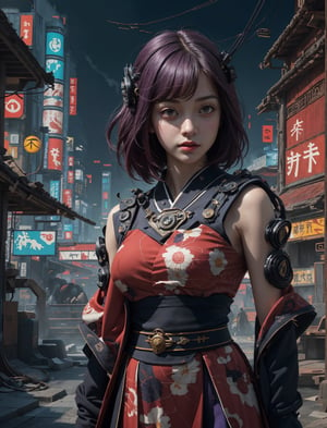 masterpiece, best quality, ultra realistic illustration, 16K, (HDR), high resolution,  female_solo ,(looking at the viewer),(light red bob cut short hair:1.2), (1 sexy kunoichi with perfect slender hot body proportion:1.0), (highly detailed traditional sleeveless kimono shinobi costume:1.0) , (detailed kimono obi with tassels and decoration:1.0) , (black stockings) ,(corgs) ,  ((highly detailed background of ancient Japanese achitechture+cyberpunk buildings with neon lights:1.2)), ((purple  backlight)), (in the dark night:1.0), Cyberpunk,xjrex,C7b3rp0nkStyle,A Traditional Japanese Art,Sexy Pose,perfect,hand, cyberpunk style, Color magic, High detailed 