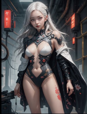 masterpiece, best quality, ultra realistic illustration, 16K, (HDR), high resolution, female_solo, (side-standing with legs apart) ,(looking at the viewer), smiling , ( extremely long silver hair) , (1 sexy Japanese Oiran with a perfect slender hot body+nine-head proportion:1.0), ((showing beautiful long legs)) , (wearing a highly detailed traditional patterned sleeveless kimono with a golden Japanese family crest, kimono colored by white+black:1.1) , (mechanical body parts) , (detailed decorated kimono obi with tassels:1.0) , (white short socks+wooden corgs:1.0) , (highly detailed background of ancient Japanese achitechture+cyberpunk buildings with neon lights:1.0), (1 full moon in the dark night:1.0), (full-body portrait) Cyberpunk,A Traditional Japanese Art, Sexy Pose, cyberpunk style, Color magic, High detailed ,Styles Pose,Enhance