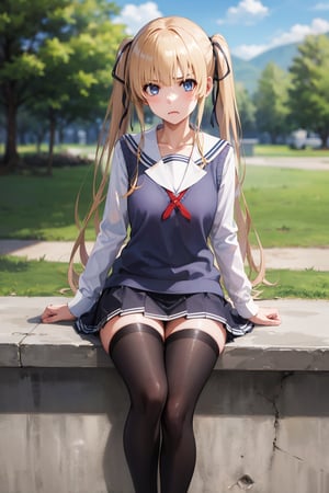 masterpiece, best quality, highres, aaeriri, long hair, twintails, hair ribbon, fang, school uniform, sailor collar, white shirt, sweater vest, long sleeves, pleated skirt, black skirt, black thighhighs, , standing, cowboy shot, outdoors,aaeriri,1girl, solo, knee_high_socks ,school uniform, plaid skirt,white panties,Very reluctant expression,despise,angry,flirtatious glance,See here,((best quality)),((highly detailed)),masterpiece,absurdres,detailed face,beautiful face,(detailed eyes, deep eyes),(1girl) 1girl,outdoors, building, looking at viewer, hair between eyes, loafers, pants, sitting, full body, knees up ,fully exposed panties,