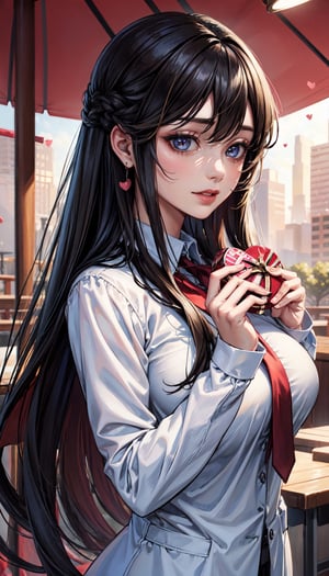 (masterpiece, top quality, best quality, official art, beautiful and aesthetic:1.2), hdr, high contrast, wideshot, 1girl, long black straight hair with bangs, clearly brown eyes, longfade eyebrow, soft make up, ombre lips, large breast, hourglass body, finger detailed, BREAK wearing school uniform, holding chocolate, (valentine day theme:1.5), light smile windy, flower park background detailed, by KZY, BREAK frosty, ambient lighting, extreme detailed, cinematic shot, realistic ilustration, (soothing tones:1.3), (hyperdetailed:1.2)