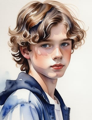 Create a mesmerizing watercolor artwork portraying a 15-year-old Australian boy with fair skin and tightly curled, closely-knit hair. The focus is on a close-up of his face. Use the fluidity and delicacy of watercolors to intricately capture every detail. Craft a superior watercolor piece that elegantly showcases the unique features of his appearance.
