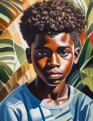 Craft a captivating gouache artwork, portraying a 15-year-old African boy with dark skin and curly hair. The focus is on a close-up of his face. Utilize the opaque and vibrant nature of gouache to intricately capture every nuance. Create a superior gouache art piece that vividly showcases the unique features of his appearance.

