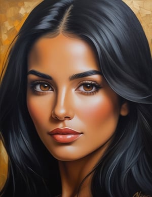 Create a captivating oil painting, portraying a 30-year-old Spanish woman with caramel skin and long, straight black hair. The focus is on a close-up of her face, with a frontal view. Utilize the rich and textured strokes of oil paint to intricately capture every nuance. Craft a superior oil painting that vividly showcases the unique features of her appearance.

