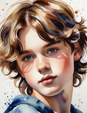 Create a mesmerizing watercolor artwork portraying a 15-year-old Australian boy with fair skin and tightly curled, closely-knit hair. The focus is on a close-up of his face. Use the fluidity and delicacy of watercolors to intricately capture every detail. Craft a superior watercolor piece that elegantly showcases the unique features of his appearance.
