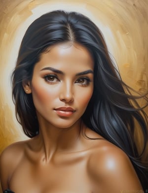Create a captivating oil painting, portraying a 30-year-old Spanish woman with caramel skin and long, straight black hair. The focus is on a close-up of her face, with a frontal view. Utilize the rich and textured strokes of oil paint to intricately capture every nuance. Craft a superior oil painting that vividly showcases the unique features of her appearance.

