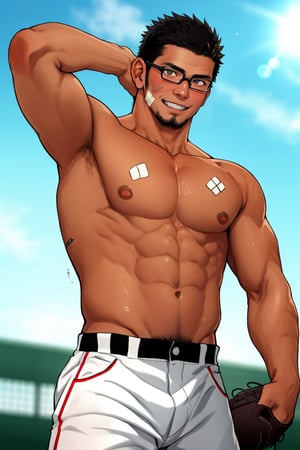 (1 image only), solo male, bara, Kyoichi Ootomo, Live A Hero, Asian, Japanese, hero, short hair, black hair, green streaked hair, sideburns, black eyes, facial hair, goatee, (wore glasses), tan skin, white bandaid on nose, glasses, complete topless, shirtless, white baseball pants, shy, blush, smile, mature, handsome, charming, alluring, standing, perfect anatomy, perfect proportions, (best quality, masterpiece), (perfect eyes, perfect eye pupil:1.2), perfect hands, high_resolution, dutch angle, Baseball Players