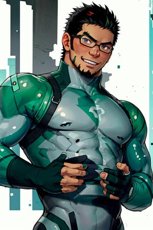 (1 image only), solo male, bara, Kyoichi Ootomo, Live A Hero, Asian, Japanese, hero short hair, black hair, green streaked hair, sideburns, black eyes, facial hair, goatee, (wore glasses), tan skin, white bandaid on nose, goggles, grey/green bodysuit, skin tight, green fingerless gloves, smile, blush, mature, handsome, charming, alluring, standing, upper body, perfect anatomy, perfect proportions, (best quality, masterpiece), (perfect eyes, perfect eye pupil), perfect hands, high_resolution, dutch angle, Japanese city steet