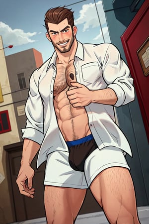 (1 image only), solo male, bara, Chase Devineaux, French, detective, brown hair, short hair, hair slicked back, brown eyes, sideburns, facial hair, broad stubble, open white collared shirt, tight brief, bare chest, bare abdomen, mature, handsome, charming, alluring, grin, blush, standing, upper bod, perfect anatomy, perfect proportions, 2D, anime, (best quality, masterpiece), (perfect eyes, perfect eye pupil), high_resolution, dutch angle, perfect hands