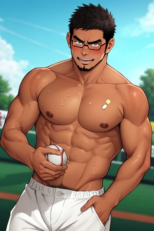 (1 image only), solo male, bara, Kyoichi Ootomo, Live A Hero, Asian, Japanese, hero, short hair, black hair, green streaked hair, sideburns, black eyes, facial hair, goatee, (wore glasses), tan skin, white bandaid on nose, glasses, (complete topless, shirtless), bare chest, bare shoulder, bare neck, bare arms, white baseball pants, shy, blush, smile, mature, handsome, charming, alluring, standing, perfect anatomy, perfect proportions, (best quality, masterpiece), (perfect eyes, perfect eye pupil:1.2), perfect hands, high_resolution, dutch angle, Baseball Players,Baseball Players, baseball field, sweaty skin, shiny skin, fighting_stance, competitive photo, studio photoshoot
