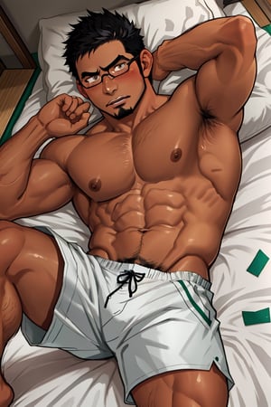 (1 image only), solo male, bara, Kyoichi Ootomo, Live A Hero, Asian, Japanese, hero, short hair, black hair, green streaked hair, sideburns, black eyes, facial hair, goatee, (wore glasses), tan skin, white bandaid on nose, glasses, complete topless, shirtless, grey athletic shorts, shy, blush, mature, handsome, charming, alluring, laying on bed, on back, perfect anatomy, perfect proportions, (best quality, masterpiece), (perfect eyes, perfect eye pupil), perfect hands, high_resolution, dutch angle, perfect light