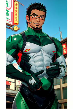 (1 image only), solo male, bara, Kyoichi Ootomo, Live A Hero, Asian, Japanese, hero short hair, black hair, green streaked hair, sideburns, black eyes, facial hair, goatee, (wore glasses), tan skin, white bandaid on nose, goggles, grey&green bodysuit, skin tight, green fingerless gloves, smile, blush, mature, handsome, charming, alluring, standing, upper body, perfect anatomy, perfect proportions, (best quality, masterpiece), (perfect eyes, perfect eye pupil), perfect hands, high_resolution, dutch angle, Japanese city steet