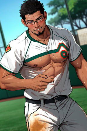 (1 image only), solo male, bara, Kyoichi Ootomo, Live A Hero, Asian, Japanese, hero, short hair, black hair, green streaked hair, sideburns, black eyes, facial hair, goatee, (wore glasses), tan skin, white bandaid on nose, glasses, (complete topless, shirtless), white baseball pants, shy, blush, smile, mature, handsome, charming, alluring, standing, perfect anatomy, perfect proportions, (best quality, masterpiece), (perfect eyes, perfect eye pupil:1.2), perfect hands, high_resolution, dutch angle, Baseball Players,Baseball Players, baseball field, sweaty skin, shiny skin, fighting_stance, competitive photo, studio photoshoot
