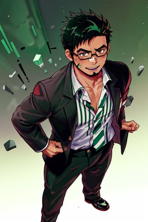 (1 image only), solo male, bara, Kyoichi Ootomo, Live A Hero, Asian, Japanese, hero, short hair, black hair, green streaked hair, sideburns, black eyes, facial hair, goatee, (wore glasses), tan skin, white bandaid on nose, glasses, (pure black jacket:1.3), (complete white/green thin striped collared shirt, tucked in shirt:1.3), black pants, black leather shoes, smile, blush, mature, handsome, charming, alluring, standing, upper body, perfect anatomy, perfect proportions, (best quality, masterpiece), (perfect eyes, perfect eye pupil), perfect hands, high_resolution, dutch angle, night at Tokyo city street,1guy,1girl