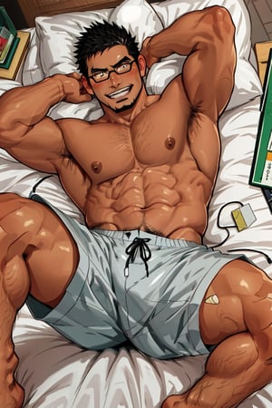 (1 image only), solo male, bara, Kyoichi Ootomo, Live A Hero, Asian, Japanese, hero, short hair, black hair, green streaked hair, sideburns, black eyes, facial hair, goatee, (wore glasses), tan skin, white bandaid on nose, glasses, complete topless, shirtless, grey athletic shorts, shy, blush, smile, mature, handsome, charming, alluring, laying on bed, on back, perfect anatomy, perfect proportions, (best quality, masterpiece), (perfect eyes, perfect eye pupil), perfect hands, high_resolution, dutch angle