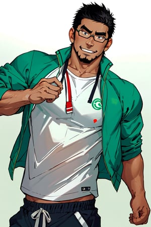 (1 image only), solo male, bara, Kyoichi Ootomo, Live A Hero, Asain, Japanese, athlete, PE teacher, short hair, black hair, streaked hair, sideburns, black eyes, facial hair, goatee, (wore glasses), tan skin, white bandaid on nose, white shirt, (green athletic jacket), grey shorts, sneakers, mature, handsome, charming, alluring, grin, standing, upper body, perfect anatomy, perfect proportions, 2D, anime, (best quality, masterpiece), (perfect eyes, perfect eye pupil), perfect hands, high_resolution, dutch angle