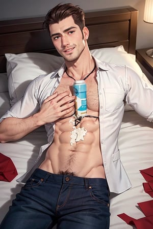(1 image only), solo male, bara, Chase Devineaux, detective, brown hair, short hair, hair slicked back, brown eyes, sideburns, facial hair, stubble, widly open white collared shirt, roll up sleeves, pure blue tight and short brief, (bare chest, clean chest, bare neck, clean neck, bare abdomen, bare buttlocks, bare gorin), mature, handsome, charming, alluring, grin, blush, lying on bed, on back, perfect anatomy, perfect proportions, (best quality, masterpiece), high_resolution, photorealistic, picture-perfect face, (realistic eyes, perfect eyes, perfect eye pupil), perfect hands, dutch angle