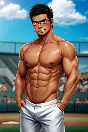 (1 image only), solo male, bara, Kyoichi Ootomo, Live A Hero, Asian, Japanese, hero, short hair, black hair, green streaked hair, sideburns, black eyes, facial hair, goatee, (wore glasses), tan skin, white bandaid on nose, glasses, (complete topless, shirtless), bare chest, bare shoulder, bare neck, bare arms, white baseball pants, shy, blush, smile, mature, handsome, charming, alluring, standing, perfect anatomy, perfect proportions, (best quality, masterpiece), (perfect eyes, perfect eye pupil:1.2), perfect hands, high_resolution, dutch angle, Baseball Players,Baseball Players, baseball field, sweaty skin, shiny skin, fighting_stance, competitive photo, studio photoshoot,masterpiece