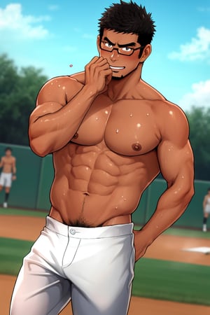 (1 image only), solo male, bara, Kyoichi Ootomo, Live A Hero, Asian, Japanese, hero, short hair, black hair, green streaked hair, sideburns, black eyes, facial hair, goatee, (wore glasses), tan skin, white bandaid on nose, glasses, (complete topless, shirtless), bare chest, bare shoulder, bare neck, bare arms, white baseball pants, shy, blush, smile, mature, handsome, charming, alluring, standing, perfect anatomy, perfect proportions, (best quality, masterpiece), (perfect eyes, perfect eye pupil:1.2), perfect hands, high_resolution, dutch angle, Baseball Players,Baseball Players, baseball field, sweaty skin, shiny skin, fighting_stance, competitive photo, studio photoshoot