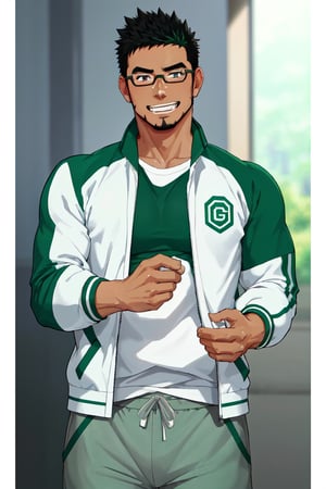 (1 image only), solo male, bara, Kyoichi Ootomo, Live A Hero, Asain, Japanese, athlete, PE teacher, short hair, black hair, green streaked hair, sideburns, black eyes, facial hair, goatee, (wore glasses), tan skin, white bandaid on nose, white t-shirt, ((pure green athletic jacket, open jacket)), grey shorts, sneakers, grin, mature, handsome, charming, alluring, standing, upper body, perfect anatomy, perfect proportions, (best quality, masterpiece), (perfect eyes, perfect eye pupil), perfect hands, high_resolution, dutch angle, school sports ground,(1man),best quality