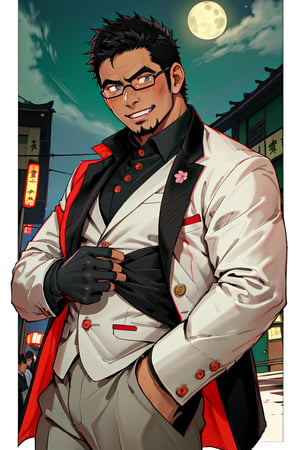 (1 image only), solo male, bara, Kyoichi Ootomo, Live A Hero, Asian, Japanese, hero, short hair, black hair, green streaked hair, sideburns, black eyes, facial hair, goatee, (wore glasses), tan skin, white bandaid on nose, glasses, (black suit jacket:1.4), (white&green striped collared shirt, shirt tucked in), black pants, white gloves, black leather shoes, smile, blush, mature, handsome, charming, alluring, standing, upper body, perfect anatomy, perfect proportions, (best quality, masterpiece), (perfect eyes, perfect eye pupil), perfect hands, high_resolution, dutch angle, night at Japanese city street