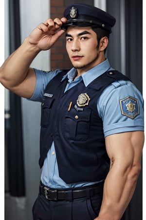 (1 image only), solo male, bara, Tajikarao, Tokyo Afterschool Summoners, Asain, Japanese, dark hair, short hair, thick eyebrows, sideburns, facial hair, beard, fangs. Japanese police uniform, Japanese, police hat, aqua-color collared shirt, black pants, mature, handsome, charming, alluring, standing, upper body in frame, perfect anatomy, perfect proportions, 2d, anime, (best quality, masterpiece), (perfect eyes, perfect eye pupil), high_resolution, dutch angle, Tokyo city street, better_hands, salute, red hands, Shide 
,perfecteyes, black eyes