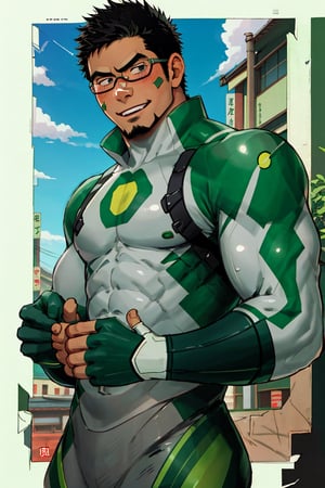 (1 image only), solo male, bara, Kyoichi Ootomo, Live A Hero, Asian, Japanese, hero, short hair, black hair, green streaked hair, sideburns, black eyes, facial hair, goatee, (wore glasses), tan skin, white bandaid on nose, goggles, grey&green bodysuit, skin tight, green fingerless gloves, smile, blush, mature, handsome, charming, alluring, standing, upper body, perfect anatomy, perfect proportions, (best quality, masterpiece), (perfect eyes, perfect eye pupil), perfect hands, high_resolution, dutch angle, Japanese city street