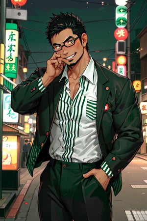 (1 image only), solo male, bara, Kyoichi Ootomo, Live A Hero, Asian, Japanese, hero, short hair, black hair, green streaked hair, sideburns, black eyes, facial hair, goatee, (wore glasses), tan skin, white bandaid on nose, glasses, (pure black jacket:1.3), (complete white/green striped collared shirt, tucked in shirt:1.3), black pants, black leather shoes, smile, blush, mature, handsome, charming, alluring, standing, upper body, perfect anatomy, perfect proportions, (best quality, masterpiece), (perfect eyes, perfect eye pupil), perfect hands, high_resolution, dutch angle, night at Tokyo city street