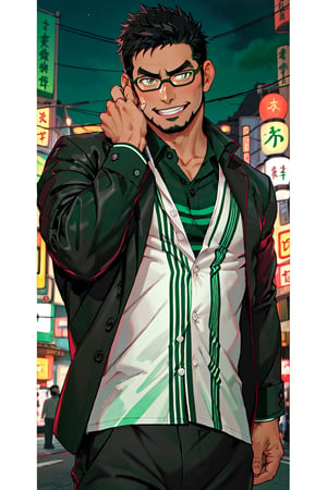 (1 image only), solo male, bara, Kyoichi Ootomo, Live A Hero, Asian, Japanese, hero, short hair, black hair, green streaked hair, sideburns, black eyes, facial hair, goatee, (wore glasses), tan skin, white bandaid on nose, glasses, (pure black jacket:1.3), (complete white/green striped collared shirt, tucked in shirt:1.3), black pants, black leather shoes, smile, blush, mature, handsome, charming, alluring, standing, upper body, perfect anatomy, perfect proportions, (best quality, masterpiece), (perfect eyes, perfect eye pupil), perfect hands, high_resolution, dutch angle, night at Tokyo city street