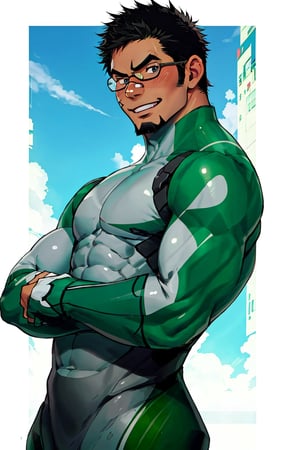 (1 image only), solo male, bara, Kyoichi Ootomo, Live A Hero, Asian, Japanese, hero short hair, black hair, green streaked hair, sideburns, black eyes, facial hair, goatee, (wore glasses), tan skin, white bandaid on nose, goggles, grey&green bodysuit, skin tight, green fingerless gloves, smile, blush, mature, handsome, charming, alluring, standing, upper body, perfect anatomy, perfect proportions, (best quality, masterpiece), (perfect eyes, perfect eye pupil), perfect hands, high_resolution, dutch angle, Japanese city steet